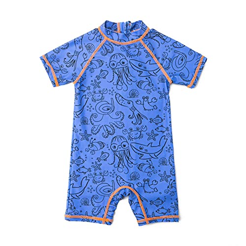 BONVERANO Baby Junge EIN stück Kurzärmel-Kleidung UV-Schutz 50+ Badeanzug MIT Einem Reißverschluss（Blau-Marine Zoo，18-24Monate）