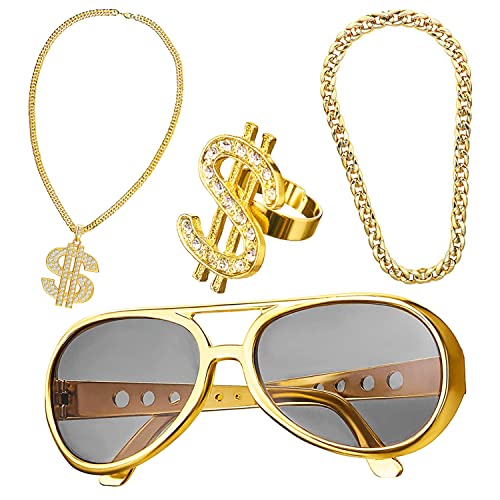 HIQE-FL 4 Stück Dollar Kette set,Hiphop Schmuck,Hip Hop Kostüm Set,80er Outfit Herren Kostüm,Gangster Kette,Rapper Accessoires,Fasching & Karneval für 70er,80er,90er Jahre Accessoires