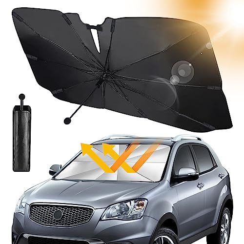 RnCop Sonnenschutz Auto Frontscheibe, 360° Drehbar Faltbar Auto-Sonnenschirm - Neues Carbonfaser-Skelett, Einfache Lagerung, für meisten Auto & SUV (145 x 83cm)