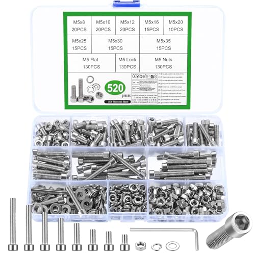 520 Stk M5 Schrauben Set, Sechskantschrauben Muttern Set, Edelstahl Zylinderschrauben Innensechskant Schrauben mit Muttern und Unterlegscheiben Set, Maschinenschrauben Gewindeschrauben Sortiment