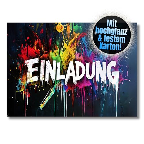 HIDEBLOOM Graffiti Einladungskarten Kindergeburtstag Junge und Mädchen I 12 Stück I DIN A6 (10,5 cm x 14,8 cm) I Einladungskarten Graffiti I Geburtstags-Einladungen Graffiti Splash