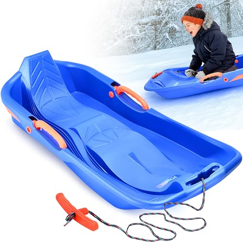 POWRX Bobschlitten - Lenkbarer Wintersportschlitten - Schneebob für Kinder mit Seilzug und Lenkbremsen - Mit Rillen und ergonomischer Sitzmulde - Ideal für Spaß im Schnee - Snow Sled Blau - Set of 1