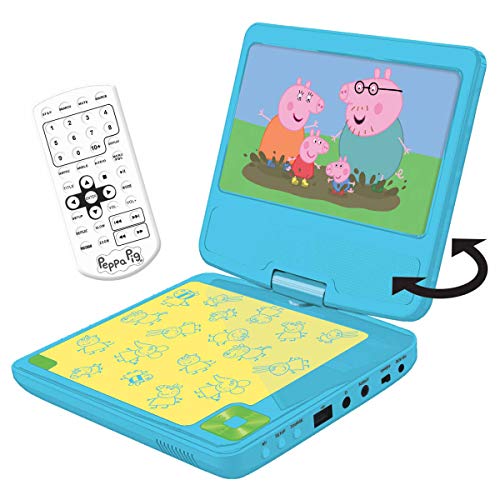 Lexibook, Peppa Pig, Tragbarer DVD-Player, 7“ drehbarer Bildschirm für Kinder, Fernbedienung, Kfz-Ladegerät, USB-Anschluss, wiederaufladbare Batterie, blau/gelb, DVDP6PP