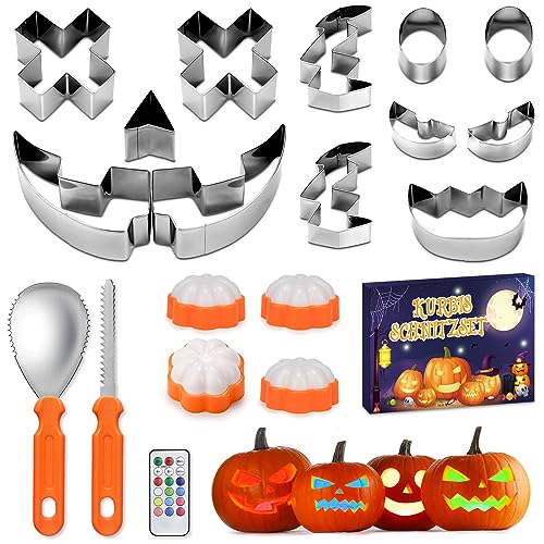 WIAZZLUK Pumpkin Carving Kit und Kürbis Schnitzen Vorlagen, Halloween Kürbisschnitzset, Kürbisschnitzwerkzeug, 4 Pack Halloween Kürbislichter, Kürbisschnitzset Schablonen