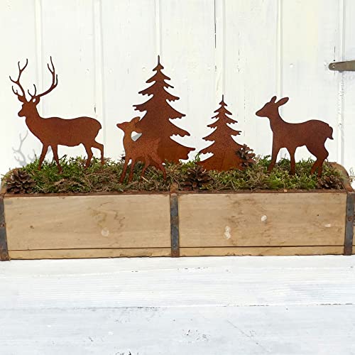 Gartenstecker Deko Rehe und Hirsche mit 2 Tannen in Rostpotik 5er Set - Weihnachtsdeko zum Basteln - Gartendeko