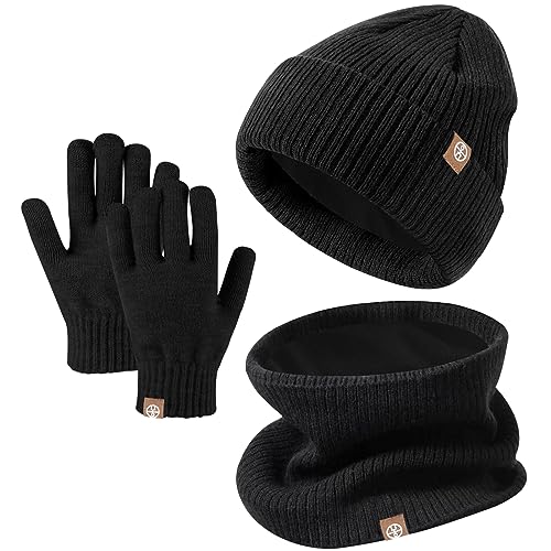 Winter Beanie Hut, Schal, Handschuhe Set,Kinder Wintermütze Schal Handschuhe Set, Mütze Warme Beanie Hut Jungen Touchscreen Handschuhe Runder Schal Set für 5-12 Jahre (Schwarz)