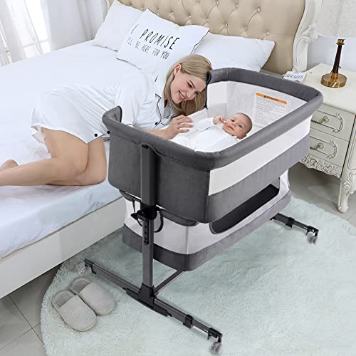 Carvapet Beistellbett 3 in1 Baby Bett mit Matratze,Moskitonetz,Stubenwagen mit Rollen,5-Fach Höhenverstellbar Reisebett,Faltbare Seitenwand,für 0-6 Monate Baby,Grau