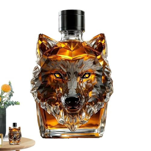 Whiskeyflasche Mit Wolfskopf, Whiskeykaraffe Mit Tiermotiv, Gravierte Whiskey-Glasflasche Im Vintage-Wolfsmotiv, Glasflasche Mit Wolfskopf Für Cocktails, Whiskey, Reiseküche, Bar