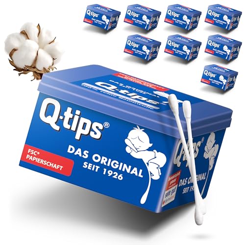 Q-tips Pflege-Wattestäbchen mit Papierschaft, Würfelbox, Vorteilspack (9x 206 Stück), 100% biologisch abbaubar, Baumwolle ohne Plastik, Reinigung der Ohren, Abschminken und Korrektur von Makeup