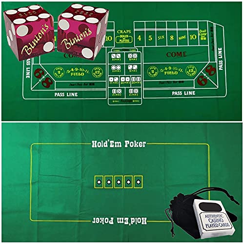 Craps & Texas Hold'em Poker Essentials Set: 2-seitig, 1,8 m x 0,9 m, Filz-Layout, Las Vegas Casino Tisch-Würfel & Karten, plus Aufbewahrungstasche (lila poliert)