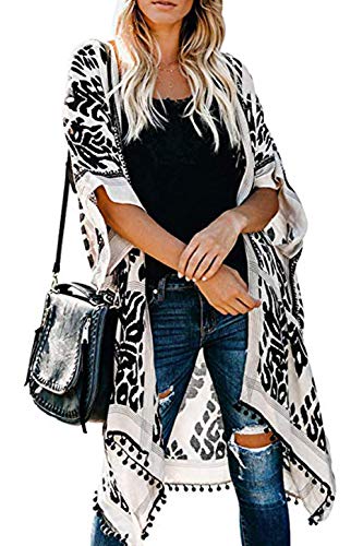 Damen Kimono Cardigan Strand Sommer, Loose Lange Boho Bikini Cover Up, Oversized Mode Leichte Frauen Beachwear Bedecken, Strandkleider, Weiß Schwarz Printed