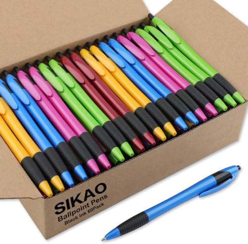 Sikao Gripped Slimster Einziehbarer Kugelschreiber, Großpackung Schwarz tinte Mittlere Spitze 1,0mm, Druckkugelschreiber Schreibstifte für Schule und Büro, Klick-Kugelschreiber (60er Pack)