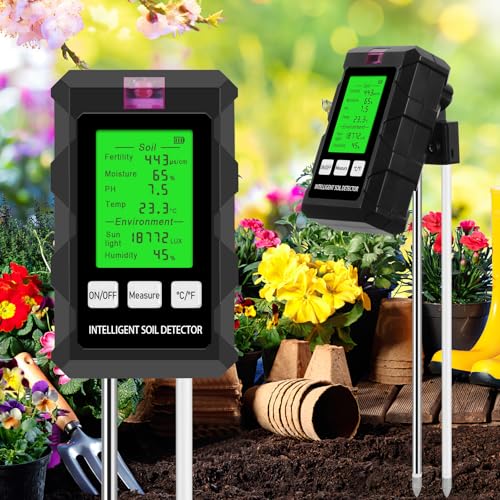 LADYSONS 6 in 1 pH Bodentestgerät, Feuchtigkeitsmessgerät Pflanzen mit Bodenfruchtbarkeit/Feuchtigkeit/pH/Temperatur/Sonnenlicht/Umgebungsfeuchtigkeit, mit LCD-Display, für Gartenarbeit/Topfpflanze