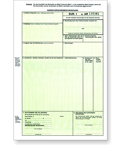 100 x EUR.1 / EUR1 Warenverkehrsbescheinigung 2-fach selbstdurchschreibend als Trennsatz
