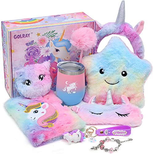 Latocos Einhorn Geschenke für Mädchen 4 5 6 7 8 Jahren Kuscheltier Leuchtende Plüsch Kissen Notizbuch Set Augenmaske Stirnband Trinkflasche Geburtstag Geschenk, (Latocos4322)