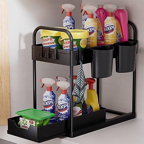 AIXPI Organizer,2 Etagen Unter Waschbecken Regal mit 4 Haken und 2 Tasse, Mehrzweck Gewürzregal Spülschrank Putzmittel Organizer für Badezimmer Küche (Schwarz)