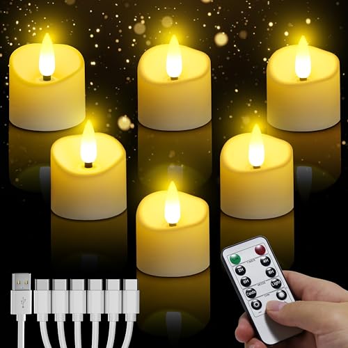 daphomeu Wiederaufladbar LED Teelichter mit fernbedienung 6 Stück, Flammenlose LED Kerzen mit 24-Stunden-Zyklus-Timer, Elektrische Kerzen für Hochzeiten Partys Halloween Weihnachten Heimdekoration