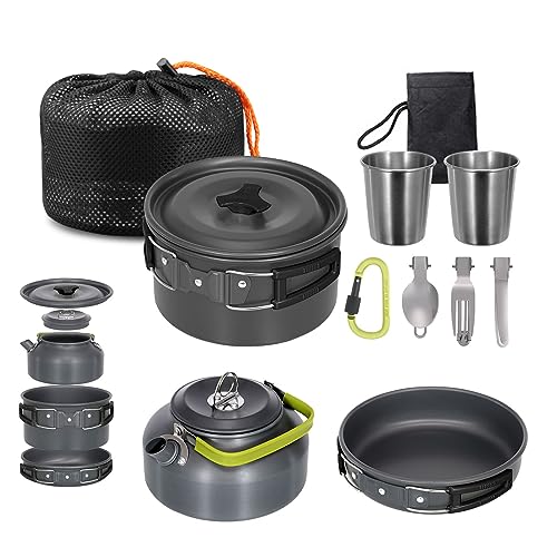 Lixada Camping Kochgeschirr Set Leichte Camping Topf Aluminium Pan Kettle Cups Löffel Gabel Cutter für Picknick Wandern Kochen Camping 2-3 Personen