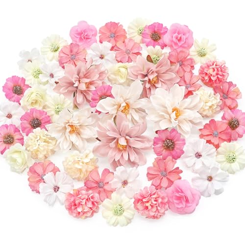 MOTONG 50 Stück Stück Kunstblumen zum Basteln Rosa Künstlich Blütenköpfe, Weiß Künstliche Blumen Seidenblumen for Home Decor Brautstrauß Blumen Deko Kunstblumen Hochzeitsdeko Tisch Party Valentinstag
