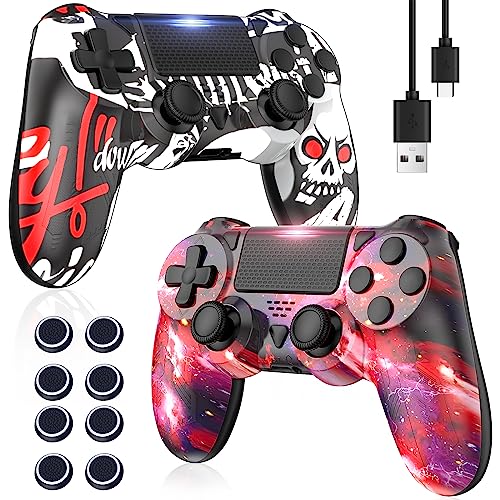 Bonacell 2 Stück Wireless Controllers mit Kappen für Ps-4 Vibration Kabellose Gamepad mit Turbo und 3.5mm Audio Jack/LED/Touch Pad/Joystick caps für P-s4/Pro/Slim/Pc