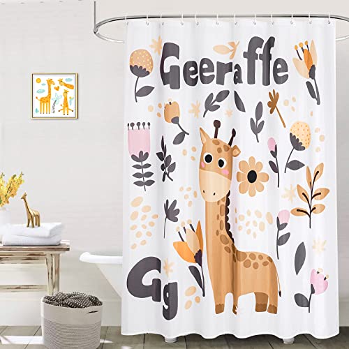 EurCross Giraffe Duschvorhang 180x200, 3D Digitaldruck Cartoon Tier Textil Stoff Bad Vorhang Antischimmel Wasserdicht mit 12 Ringen