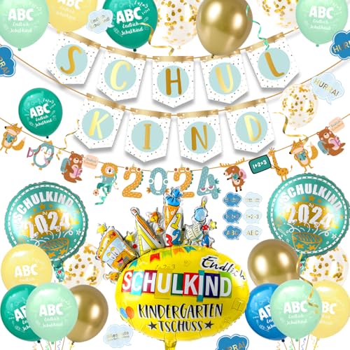 iZoeL SCHULKIND 2024 Deko Einschulung Junge Mädchen,SCHULKIND Girlande + 2024 Tier Girlande + SCHULKIND Folienballon + 15 Luftballon + 16 Konfetti Schulanfang Schuleinführung Deko