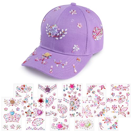 Aomig DIY Baseballkappe, Verstellbar Baseballkappe Bastelset Kinder Mädchen mit 10 Pcs Glitzersteine Selbstklebend, Baseball Cap Sonnenhut Geschenke für Mädchen 4 5 6 7 8 9 10 11 Jahre（Lila）