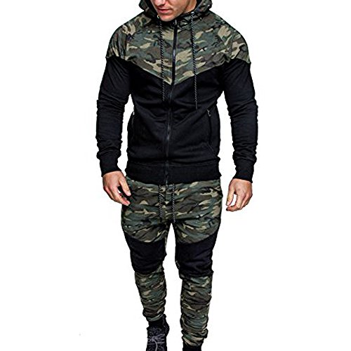 PPangUDing Trainingsanzug Sportanzug Herren Mode 2 Stück Set Camouflage Printed Lange Ärmel Zipper Kapuzenpullover Sweatshirt Top + Lange Hose Sportswear Set Sport Fitness Outfit Jogginganzug