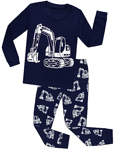 CM-Kid Schlafanzug Jungen Langarm Baby Kinder Pyjama Set Baumwolle Warm Winter 2 3 Jahre Fluoreszenz Bagger Dunkelblau Gr.98