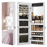 SONGMICS Schmuckschrank zur Wandmontage, Organizer mit LED-Lichtern, Aufbewahrungsschrank, mit Spiegel ohne Rahmen, integrierter Schminkspiegel, 2 Schubladen, abschließbar, Weiß JJC013W01