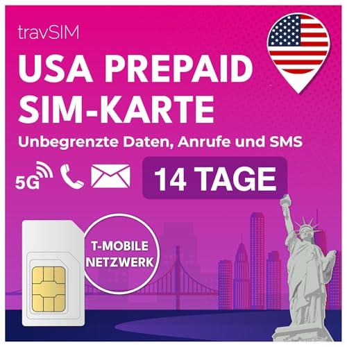 travSIM USA SIM Karte | T-Mobile Netz | Unbegrenzte Daten, Anrufe & Texte in den USA | SIM Karte USA funktioniert auf iOS & Android Geräten | SIM USA 14 Tage