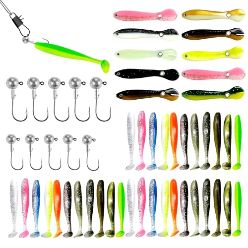53 Stück Angel Köder Set 2 Größen von Jigköpfe 10 Stück Jighaken 43 Stück Gummifische Angelköder Karpfen Zubehör Set Hecht Köder für Salzwasserfische und Süßwasserfische Geeignet