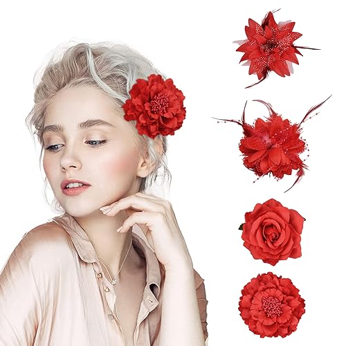 4 Stück Blumen Haarklammer, Blumen Haarschmuck für Frauen und Mädchen Elegante Rot Ansteckblume, Wunderschöne Haarclip Haarspangen für Hochzeit, Party, Abschlussball