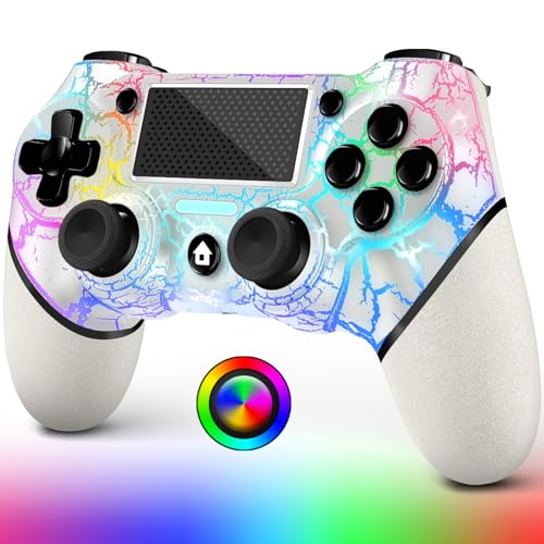 AceGamer Wireless Controller für PS4, White Crack Custom Design mit RGB-Licht, 1000mAh Akku und 3,5mm Audio-Buchse, V2 Gamepad Joystick Kompatibel mit PS4/Slim/Pro und Windows PC! (Weiß-beleuchtet)