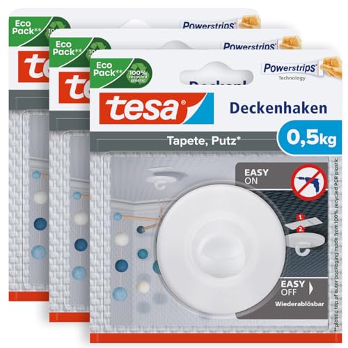 tesa Deckenhaken Tapeten & Putz -3er-Pack - selbstklebender Haken - ideal zur Befestigung von Deko-Objekten - hält bis zu 0,5kg/Haken - spurlos ablösbar