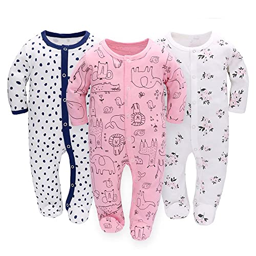 Schlafstrampler Baby Junge Maedchen 3er Unisex Pyjamas Baumwolle Strampler Jumpsuits Langarm Spieler Babykleidung mit 0-6 Monate