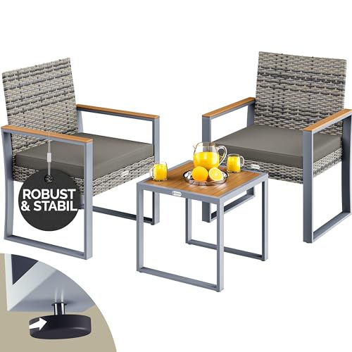 Casaria® Gartenmöbel Polyrattan Set Holz Akazie Wetterfest 2 Stühle Tisch Auflagen 160kg Belastbarkeit Verstellbar Terrasse Balkon Möbel Lounge Grau