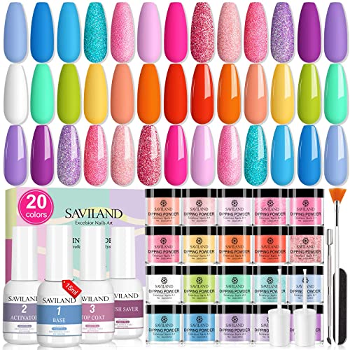 Saviland 29PCS Dipping Powder Nails Set Starter Kit: Langlebig 20 Farben Dip Pulver Dip Liquid Base Top Activator Brush Saver Dip Nagelset French Maniküre Nägel Selber Machen Valentinstags-Geschenke