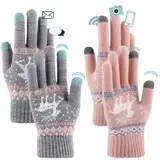 FUKPO 2 Paare Handschuhe Damen Warm Winter Gefüttert, Winterhandschuhe Damen Strickhandschuhe Touchscreen Rosa Grau, Warme Handschuhe Thermo mit Weihnachten Rentier Muster