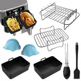 Luftfritteusen-Zubehör für Ninja Foodi AF400UK 300UK, wiederverwendbare Silikon-Doppel-Luftfritteuseneinlagen, Luftfritteusenkörbe, Grillrost, Spieße, Handschuhe, Ölbürste, Zange, passend für 7,6 l -