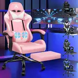 ALFORDSON Videospielstuhl, ergonomischer Bürostuhl, Massage-Rennstuhl, einziehbare Fußstütze, PU-Leder, höhenverstellbar und neigbar, 180 kg Tragkraft, Rosa