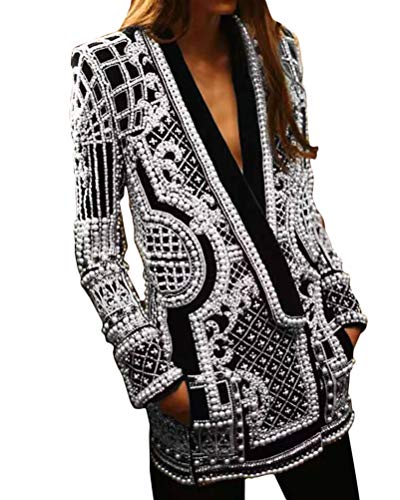 Onsoyours Damen Blazer Kleid Langarm V Ausschnitt Hemdkleid Business Lange Knopf Stickerei Dekoration Perlen Anzug Minikleider Partykleider abendkleid A Weiß XL