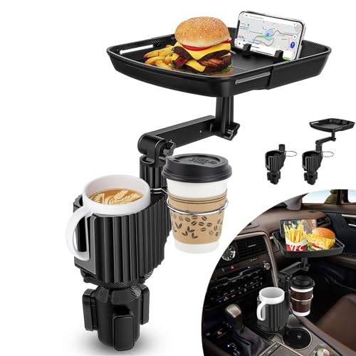 Ruucy Auto Getränkehalter Tisch Tablett Dehnbar, 360° Verstellbares Auto Tisch mit Getränkehalter & Handyhalterung, Universel Auto Multifunktionstisch Snacktablett Auto Organizer für Auto Becherhalter