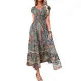 WEITING Frauen Vintage Print Langes Kleid Sommer Elegant V-Ausschnitt Elastische Taille Maxikleider Urlaub Bohe Sexy Kurzarm -Grün-M