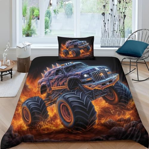 MMUNNA Monster Truck 3D Gedruckter brennendes Auto Bettwäschegarnitur Bettbezug Set Für Kinder Mädchen Jungen Reissverschluss Weich Microfaser Und Kissenbezüge Bettwäsche 3 Teilig Single（135x200cm）