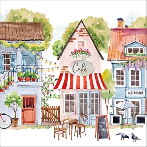 20 Servietten Städte Cafe zwischen Häuser als Tischdeko. Papierservietten mit Motiv. Auch für Decoupage und Serviettentechnik 33x33cm