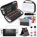 FYOUNG Zubehör Bundle Kompatibel mit Nintendo Switch OLED-Modell mit Tragetasche und Schutzhülle Tragbarer Tasche für Switch OLED & Hülle & Displayschutz & Joystick Kappen - Weiß