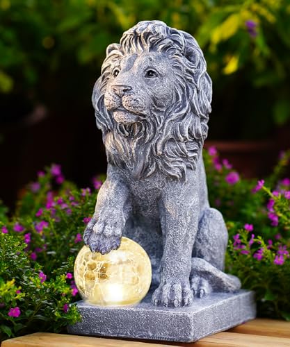 Yeomoo Löwen Figuren Deko mit Solarlampen Kugel Gartendeko - Löwe Solar Deko für Außen Garten Lowe Geschenk für Männer Frauen Mama Geburtstagsgeschenk Wasserdicht Deko für Wohnzimmer Balkon