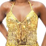 Flovel Glitzerndes Pailletten Top mit Quaste Bauchtanz BH Rave Outfits Glitzer Party Tanktop Festival Crop Top Kostüm für Frauen (DE/NL/SE/PL, Alphanumerisch, Einheitsgröße, Regular, Regular, Gold)