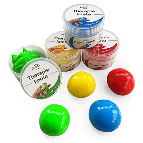 Premium Therapieknete - 4er Set | vegan, rückstandsfrei, geruchlos | 4 Farben und Härtegrade | für mehr Entspannung, Konzentration und Kraft (4er Set, Mix)